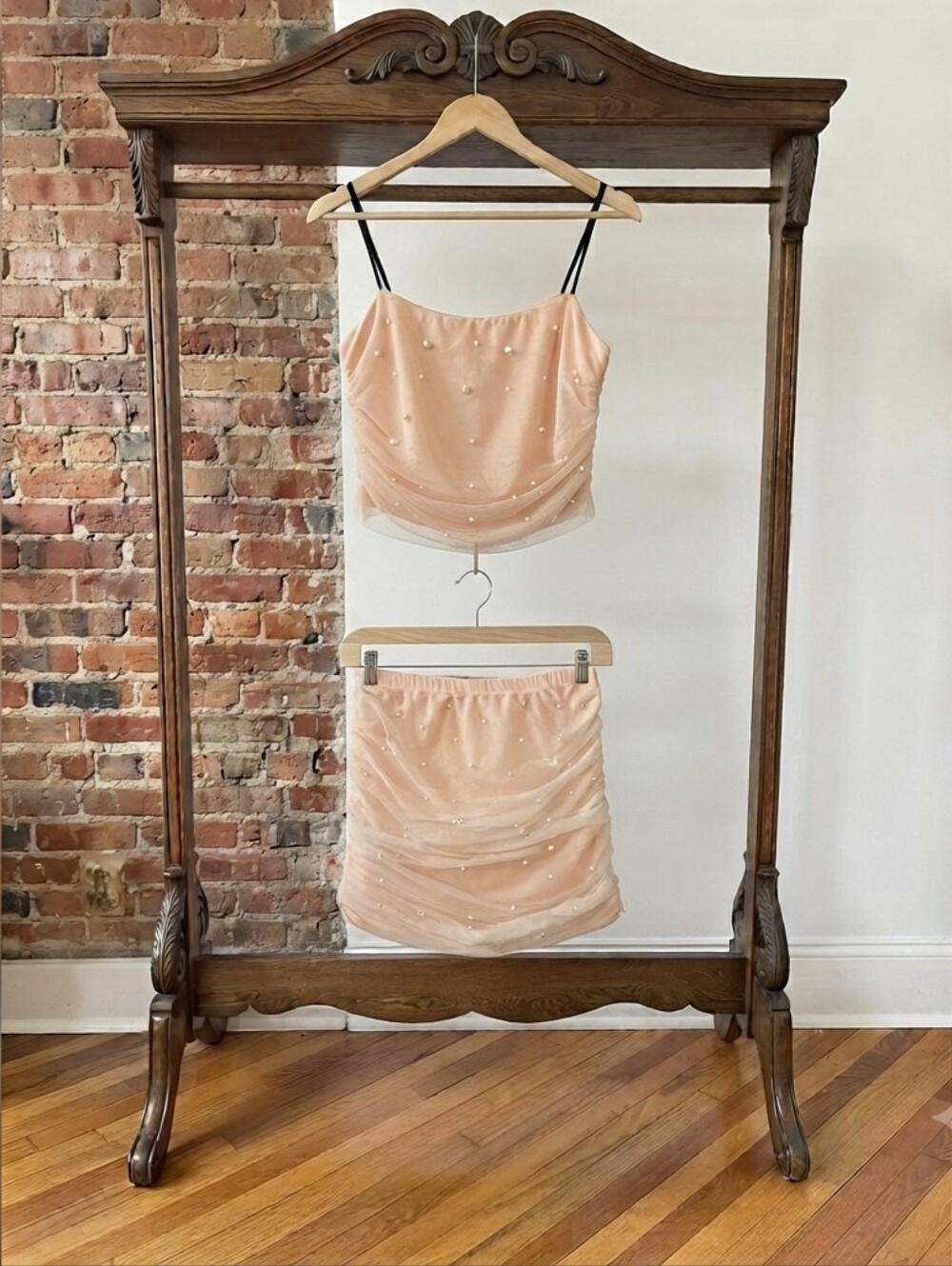 Main Strip Peach Pearl-Embellished Tulle Cami & Skirt 2 Piece Set Size M